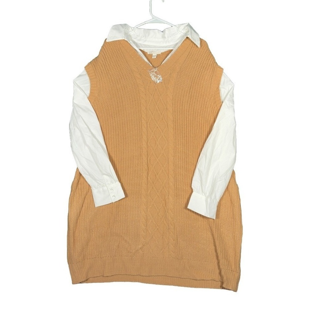 NEW Cato Womens Tan Layered‎ Cable Knit Sweater Vest White Collared 26/28W NWOT